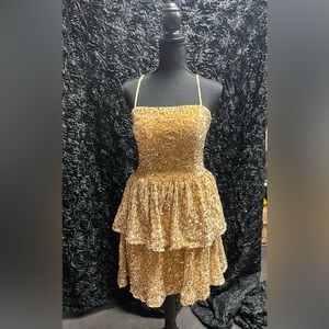 Short Prom dress woman or teen gold sequins tiered ALine backless
